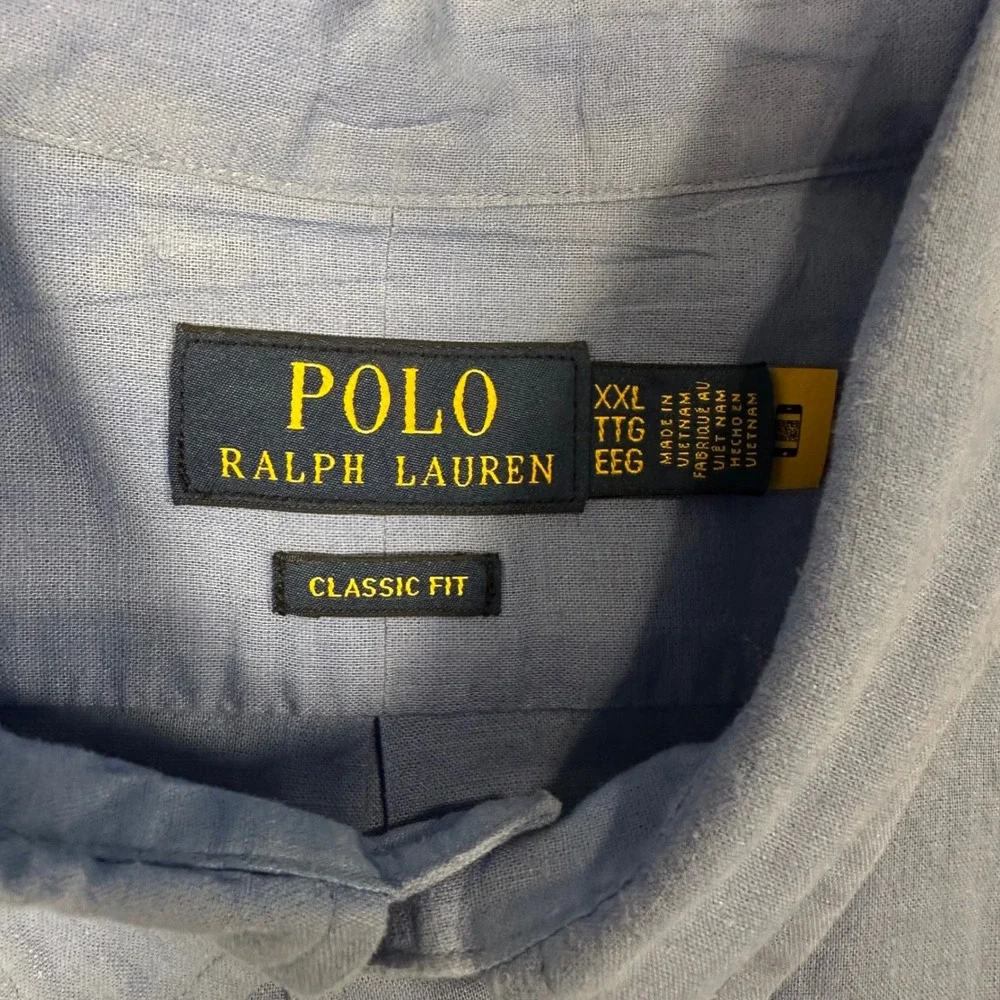 Polo Ralph Lauren Linen Blend Button Down Men XXL Blue Classic Fit Yellow Pony